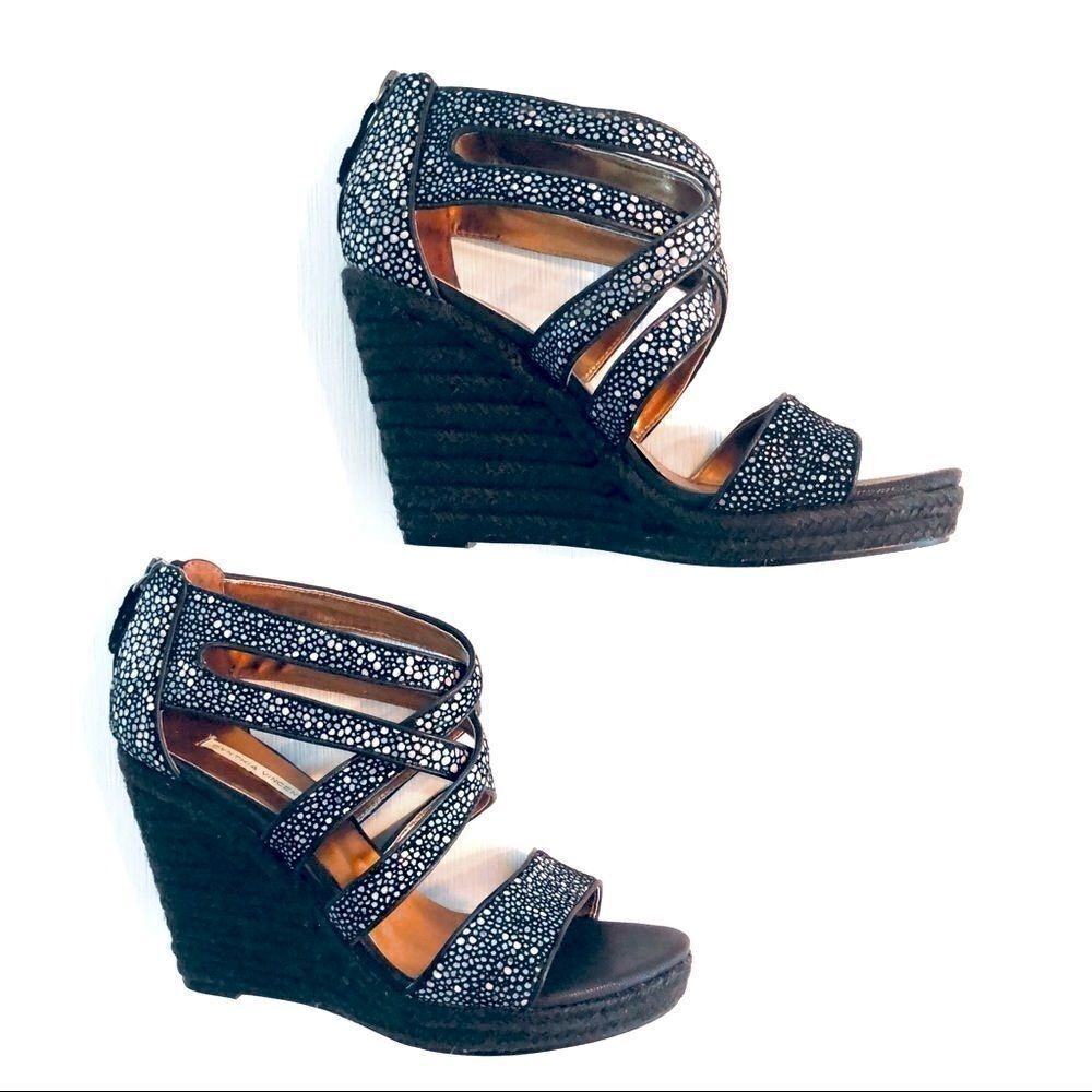 Cynthia Vincent Wedge Sandal In Black & Metallic Speckle Rope Heel